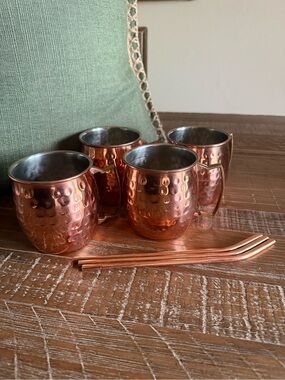 Hammered Copper Moscow Mule Mug Barware Set of 4 with 3 Reusable Straws
